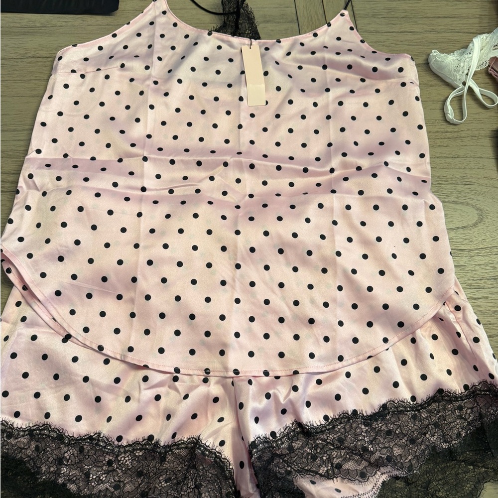 Pink Polka Dot Lace Trim Sleepwear Set